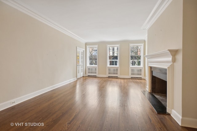 unfurnished living room featuring radiator, crown molding, and dark wood-type flooring