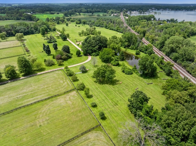 aerial view featuring a water view and a rural view