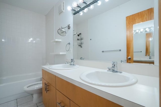 full bathroom with tile patterned flooring, vanity, toilet, and shower / bath combination