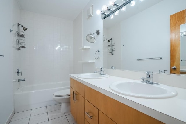 full bathroom with tile patterned floors, vanity, toilet, and shower / tub combination