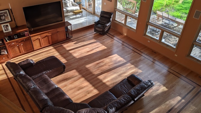 living room with a healthy amount of sunlight and light hardwood / wood-style floors