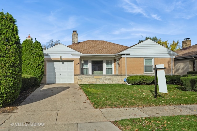 single story home with a garage and a front yard