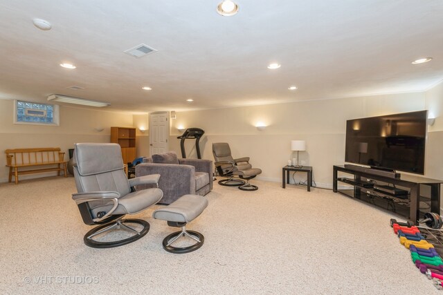 living room with light colored carpet