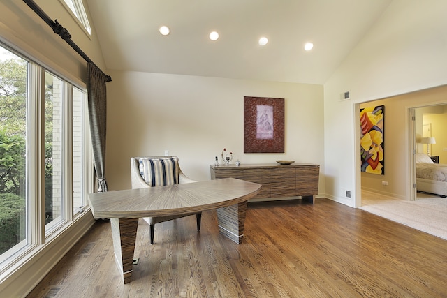 interior space with high vaulted ceiling and dark hardwood / wood-style flooring