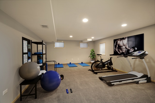 workout room with carpet flooring and a healthy amount of sunlight