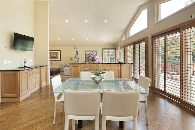 dining space featuring high vaulted ceiling and wood-type flooring