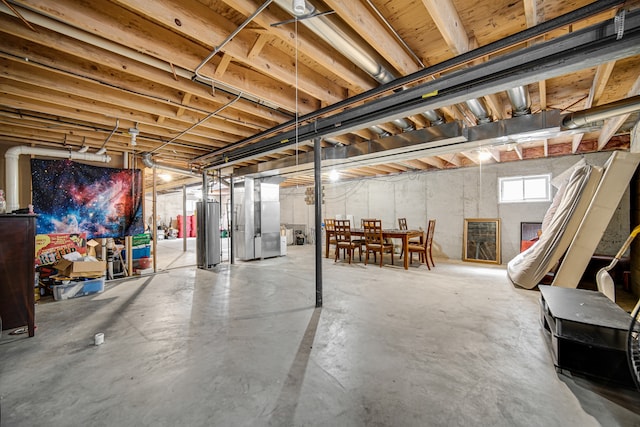 basement with heating unit and water heater