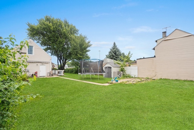 view of yard with a trampoline, a patio area, and a storage unit