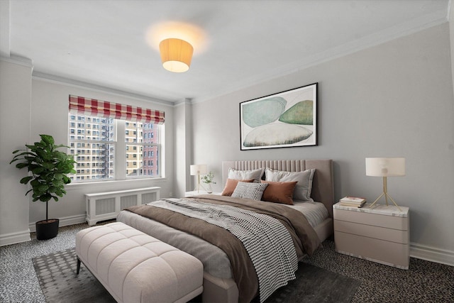 bedroom with radiator, crown molding, and dark carpet