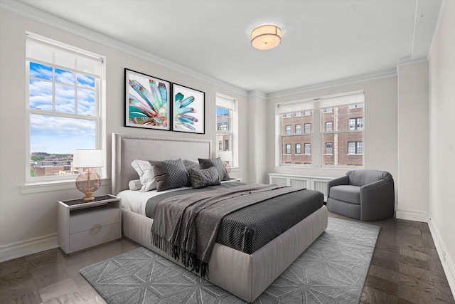 bedroom featuring wood-type flooring and ornamental molding