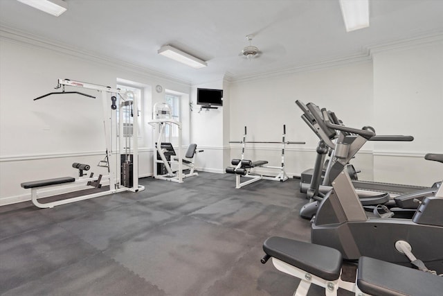 exercise room featuring ceiling fan and crown molding