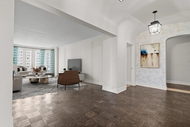 living room featuring dark parquet flooring