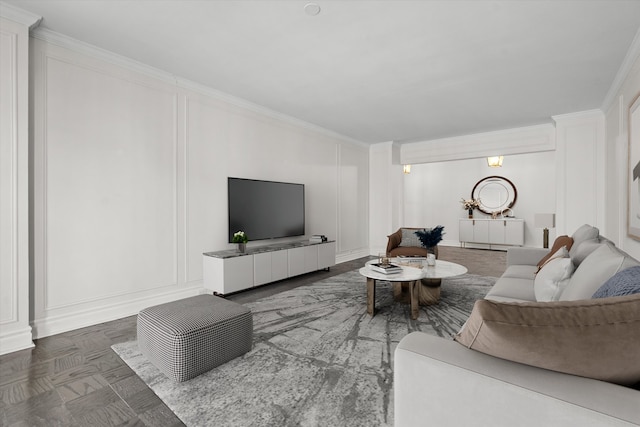 living room featuring parquet floors and crown molding