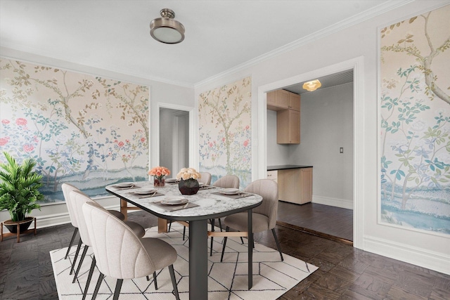 dining space with crown molding and dark parquet floors