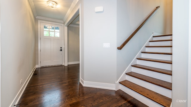 foyer with dark wood-type flooring and crown molding