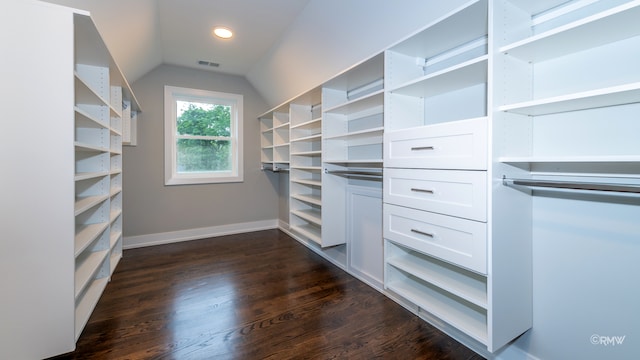 spacious closet with vaulted ceiling and dark hardwood / wood-style flooring