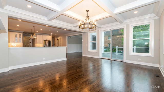 unfurnished living room featuring coffered ceiling, dark hardwood / wood-style floors, and beam ceiling