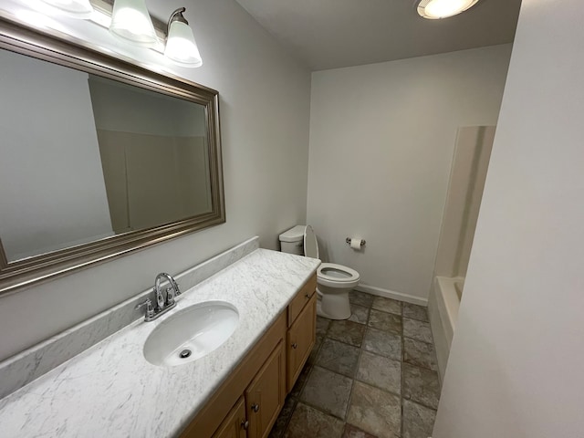 full bathroom with vanity, independent shower and bath, and toilet