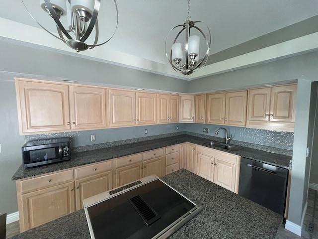 kitchen with light brown cabinetry, sink, appliances with stainless steel finishes, decorative light fixtures, and a notable chandelier