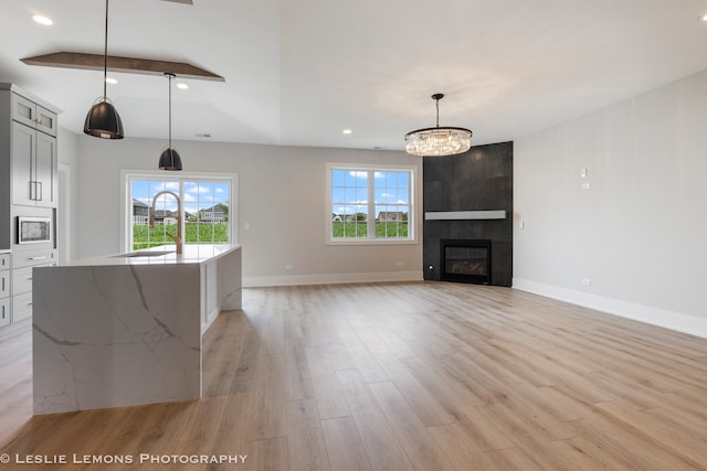 unfurnished living room featuring light hardwood / wood-style floors, a large fireplace, and plenty of natural light