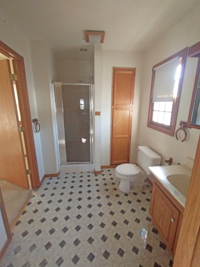 bathroom with vanity, toilet, and a shower with shower door