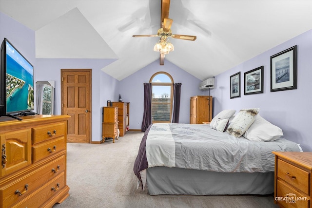 bedroom featuring light carpet, a wall unit AC, baseboards, ceiling fan, and vaulted ceiling with beams