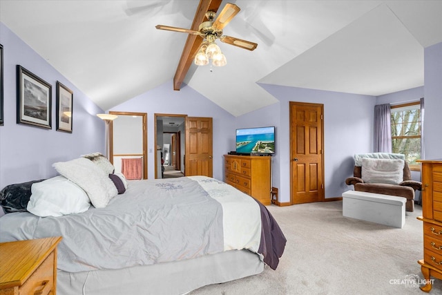 bedroom featuring baseboards, carpet, ceiling fan, and vaulted ceiling with beams