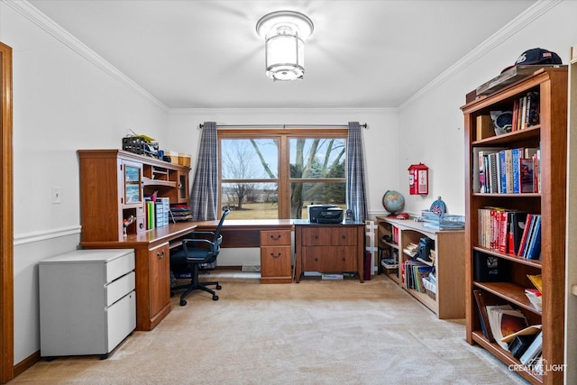 office area featuring crown molding and light colored carpet