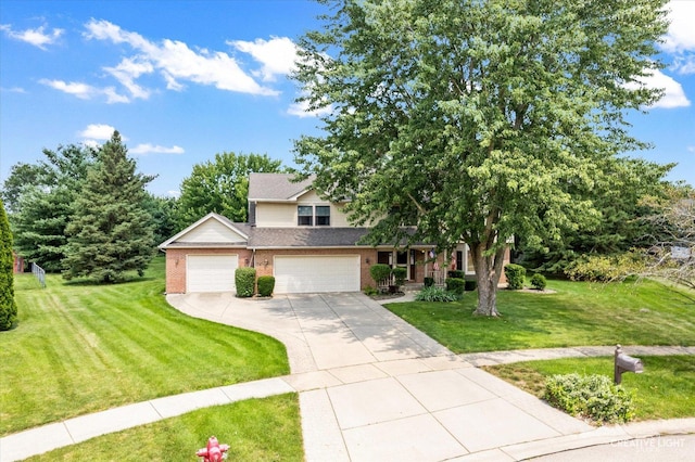 view of front of house with a garage, driveway, brick siding, and a front lawn