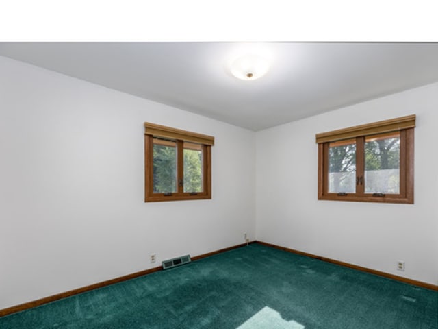 carpeted spare room featuring visible vents and baseboards