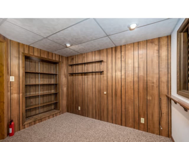 unfurnished room with built in shelves, carpet flooring, and wood walls