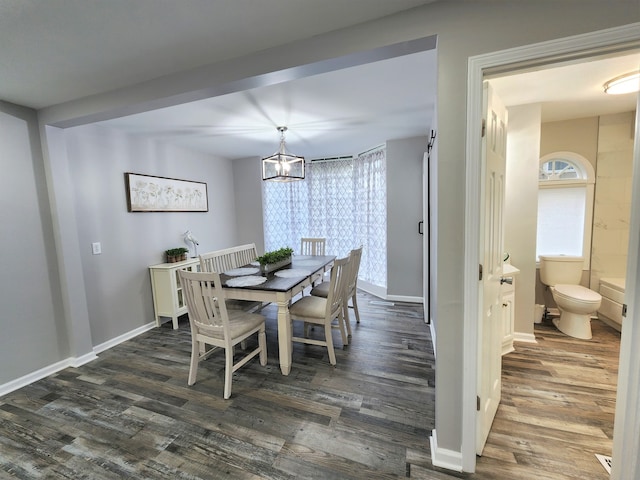 dining room with wood-type flooring and a chandelier