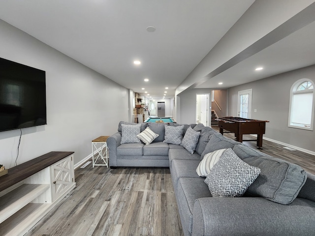 living room with wood-type flooring and pool table