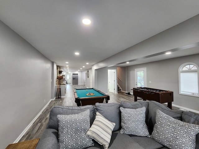 rec room featuring hardwood / wood-style floors and billiards