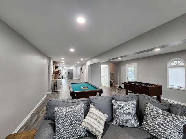 rec room featuring baseboards, pool table, wood finished floors, and recessed lighting