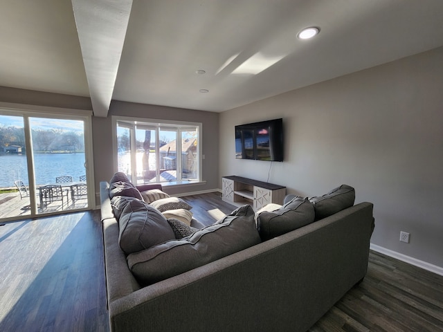 living room with a water view and hardwood / wood-style floors