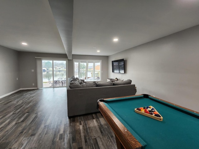 recreation room featuring dark wood-style flooring, recessed lighting, billiards, and baseboards