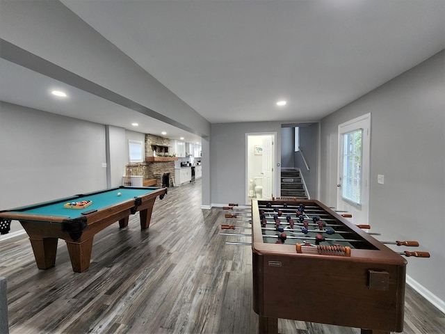 game room featuring recessed lighting, pool table, a fireplace, baseboards, and dark wood finished floors