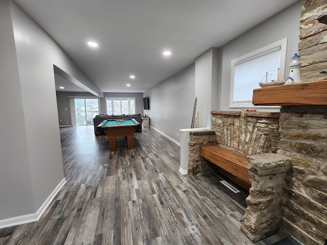 rec room with dark hardwood / wood-style floors and billiards