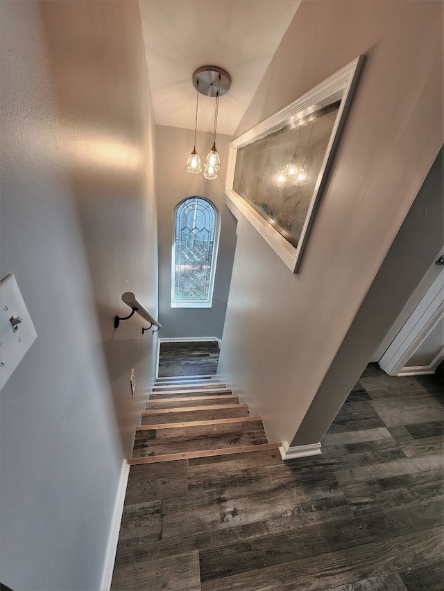 stairs with dark hardwood / wood-style floors