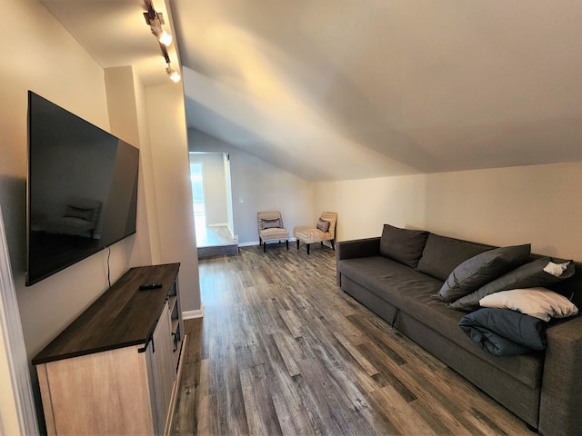 living room with lofted ceiling, dark hardwood / wood-style floors, and track lighting