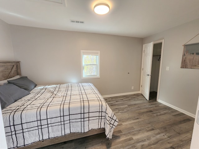 bedroom featuring wood-type flooring, a closet, and a spacious closet