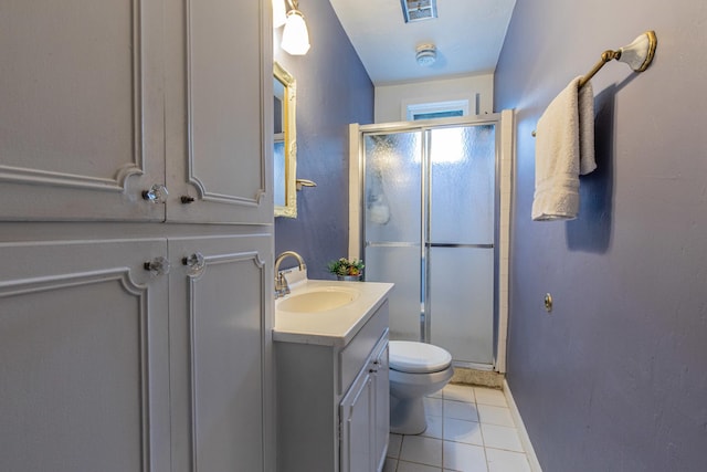 bathroom featuring vanity, toilet, tile patterned floors, and an enclosed shower