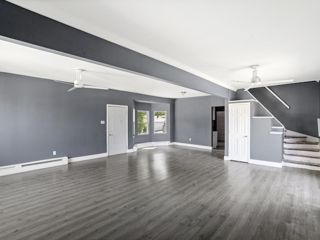 6602 Kennedy Ave, Hammond, IN 46323 - unfurnished living room featuring ceiling fan, dark wood-style flooring, baseboards, and stairway