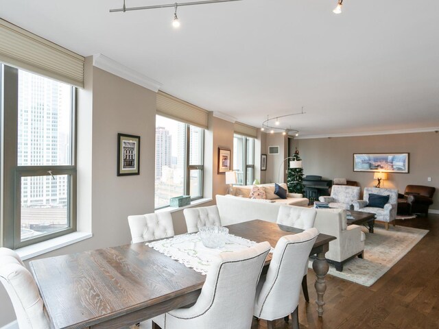 dining area with rail lighting, ornamental molding, dark wood-type flooring, and a healthy amount of sunlight