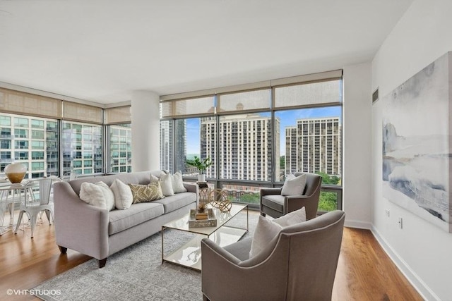 living area with baseboards, floor to ceiling windows, and wood finished floors