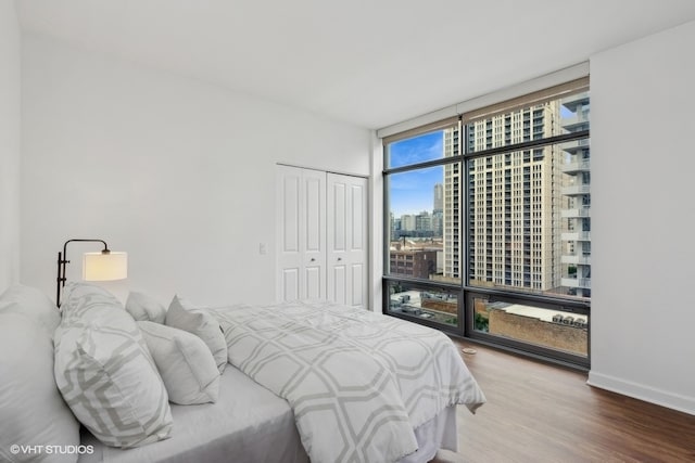 bedroom with a closet, floor to ceiling windows, and hardwood / wood-style floors