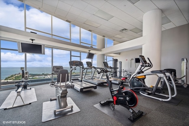 gym with a high ceiling and carpet