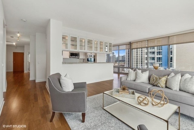 living room featuring a view of city, wood finished floors, and baseboards