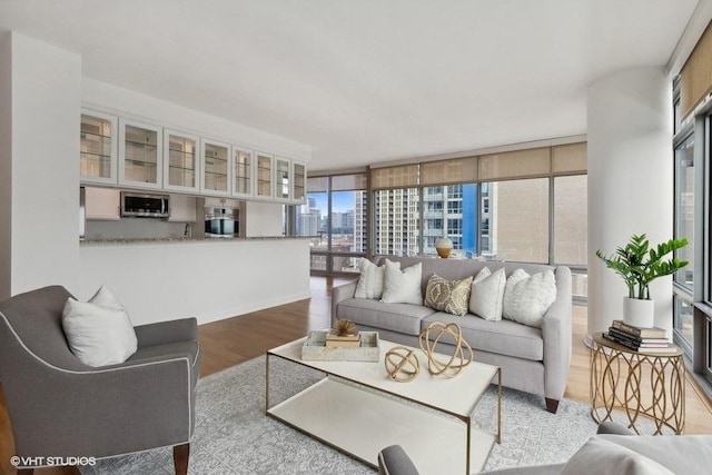 living area featuring a view of city, wood finished floors, and floor to ceiling windows